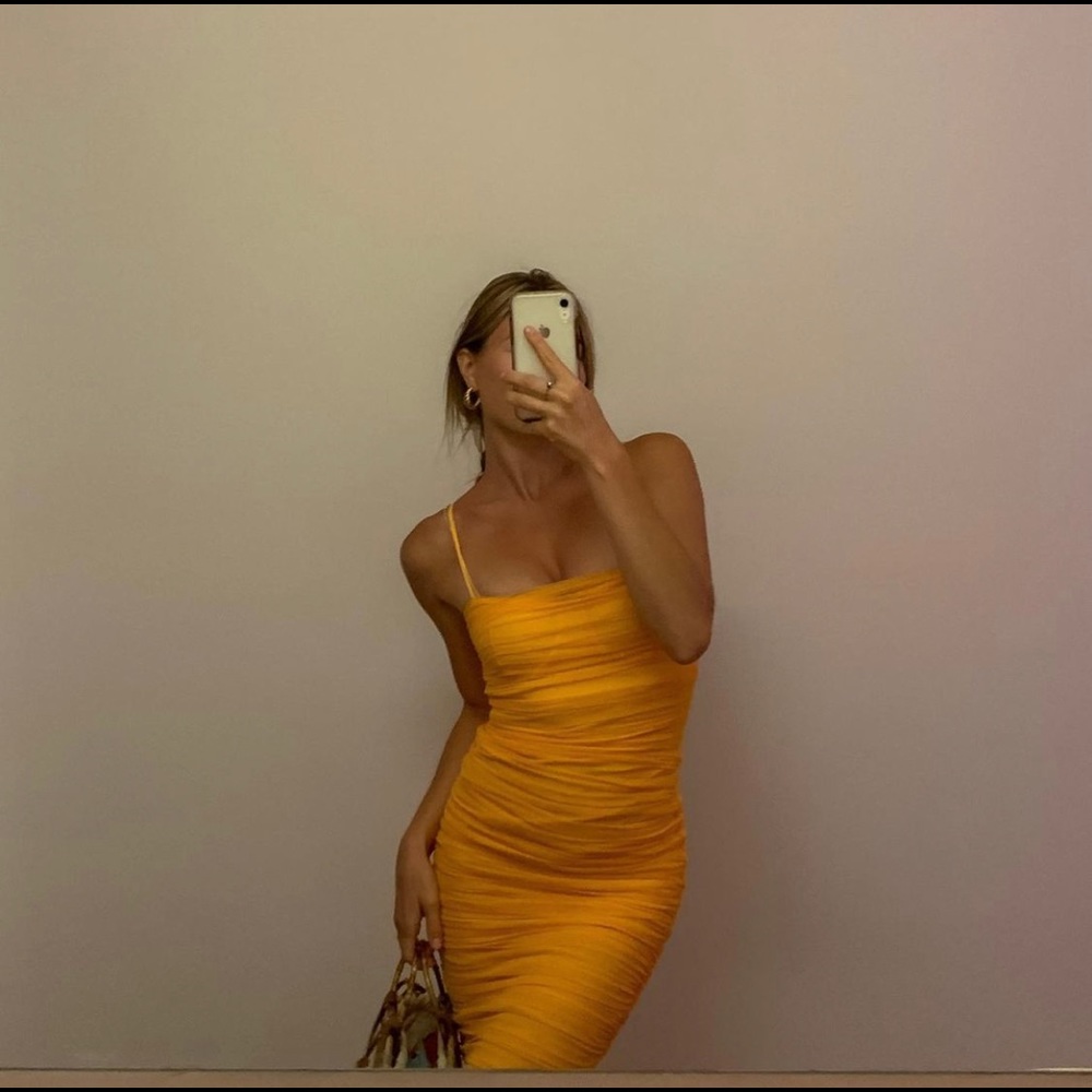 Aritzia mesh bodycon orange dress. Fits just above the knee and hugs so nicely
